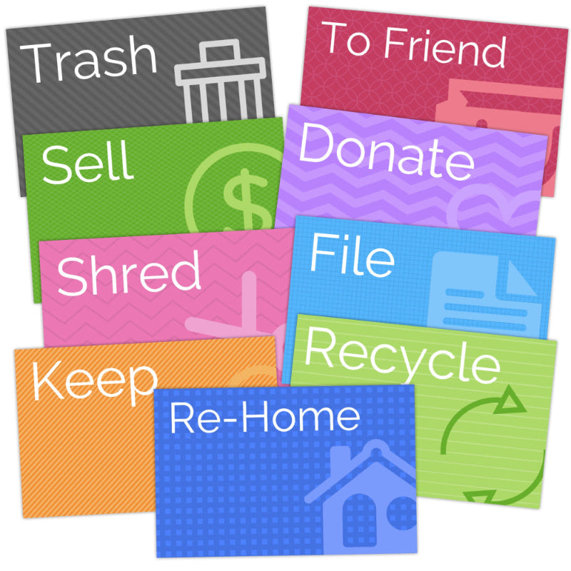 colorful printable decluttering cards with words and icons