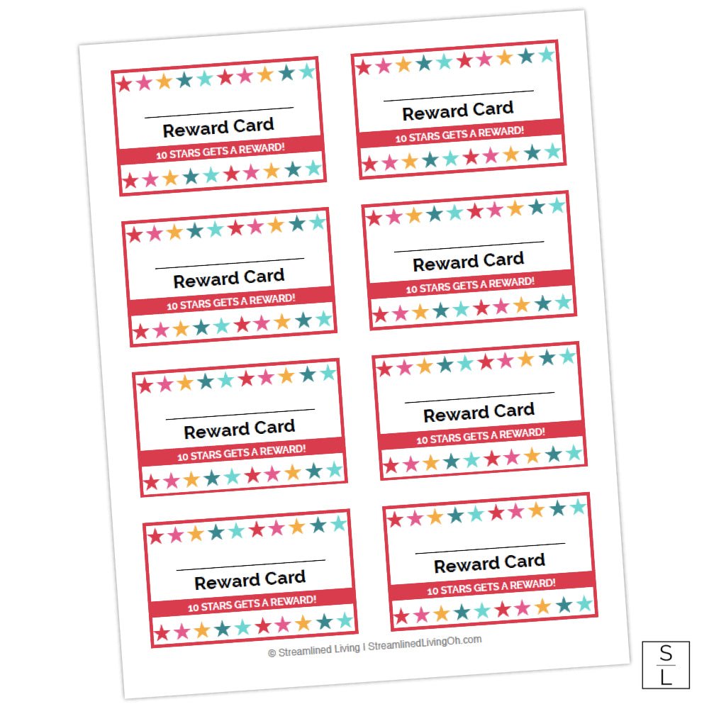 sheet of punch reward cards with lines of rainbow stars