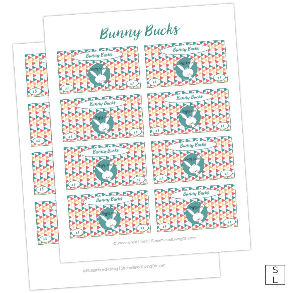 page of printable easter egg hunt fillers with geometric patterns with bunny at center to mimic currency