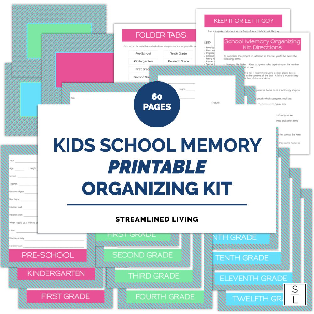 pink, blue and green striped pages of a school memory organizing kit