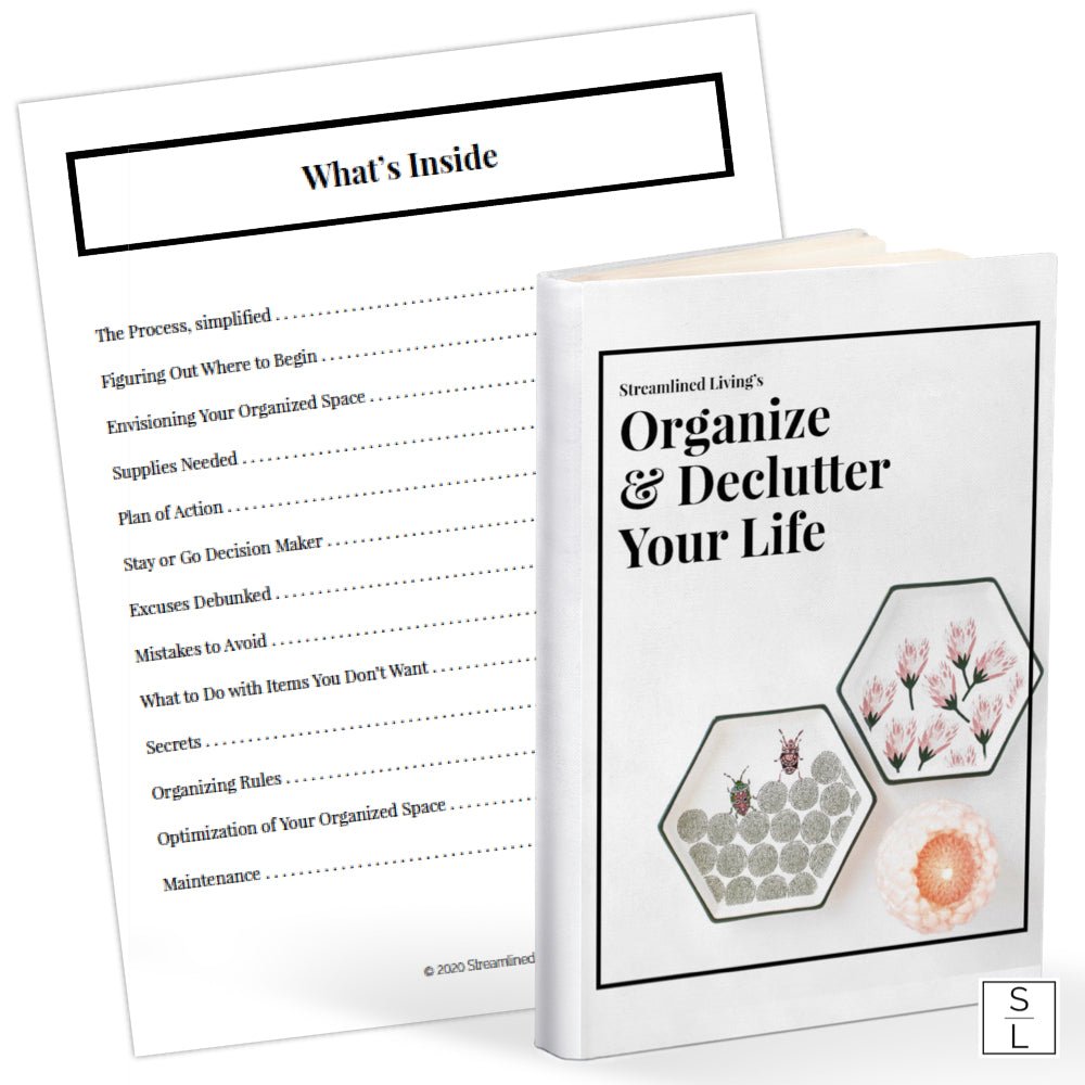home decluttering and organizing guide with table of contents page in background