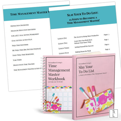 productivity book and workbook in lower corner with image of table of contents in the background