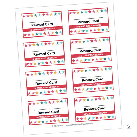 sheet of punch reward cards with lines of rainbow stars