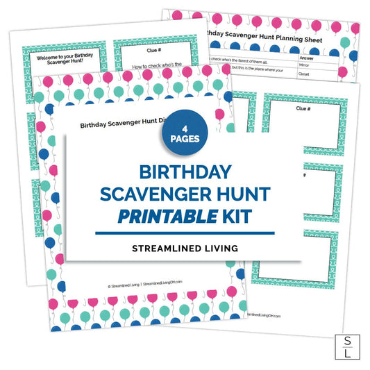 printable birthday scavenger hunt kit game with pink, teal and navy balloons and a teal squiggle designs