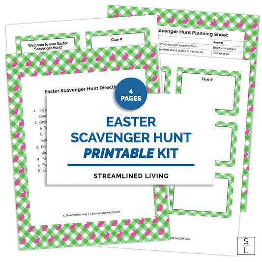 green gingham print with pink bunnies customizable Easter scavenger hunt kit and activity for older kids and teens