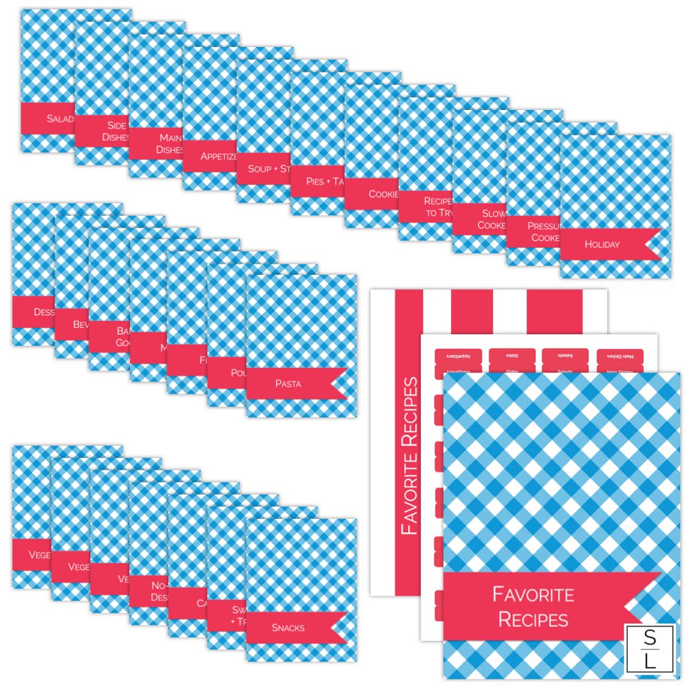 printable favorite recipe binder and meal planner organizer in a blue and white gingham check with red ribbon stripe  with page name