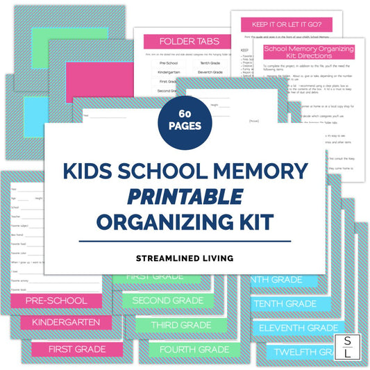 pink, blue and green striped pages of a school memory organizing kit