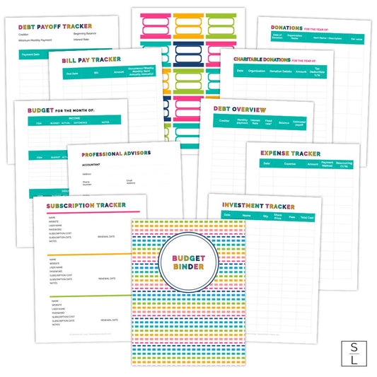 printable budget and financial planner in a bright rainbow color scheme