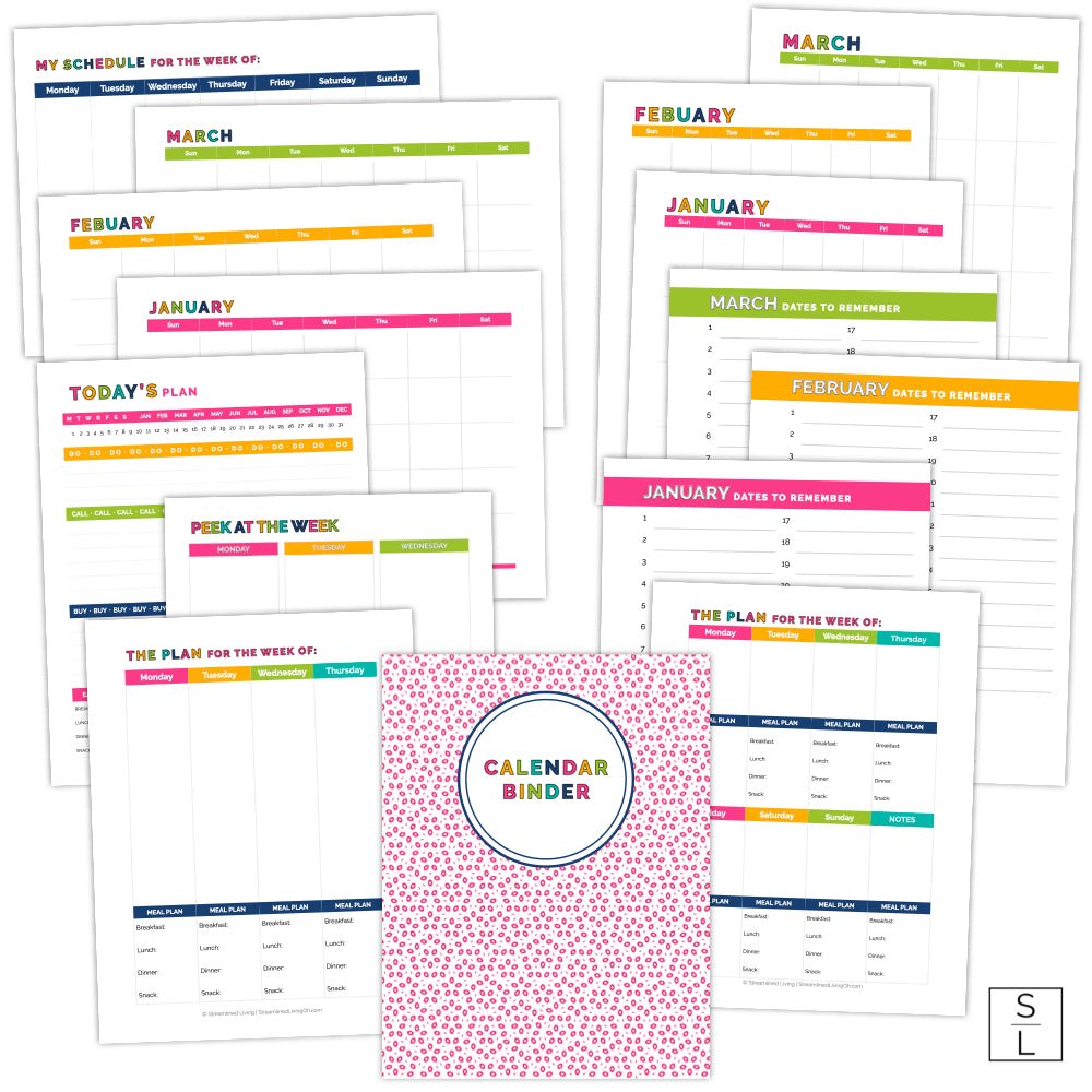 daily, weekly and monthly printable calendar kit in a bright rainbow color scheme