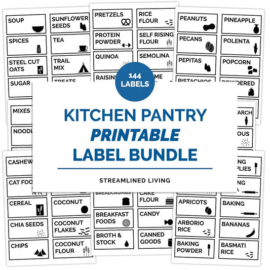 black and white kitchen pantry labels in rectangular size with graphics