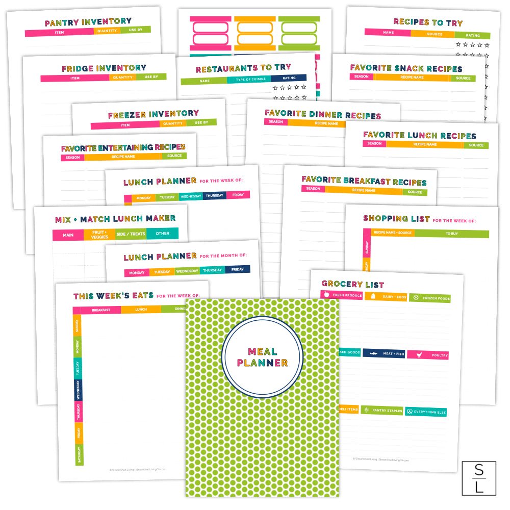 printable meal planning binder in a bright rainbow colorscheme