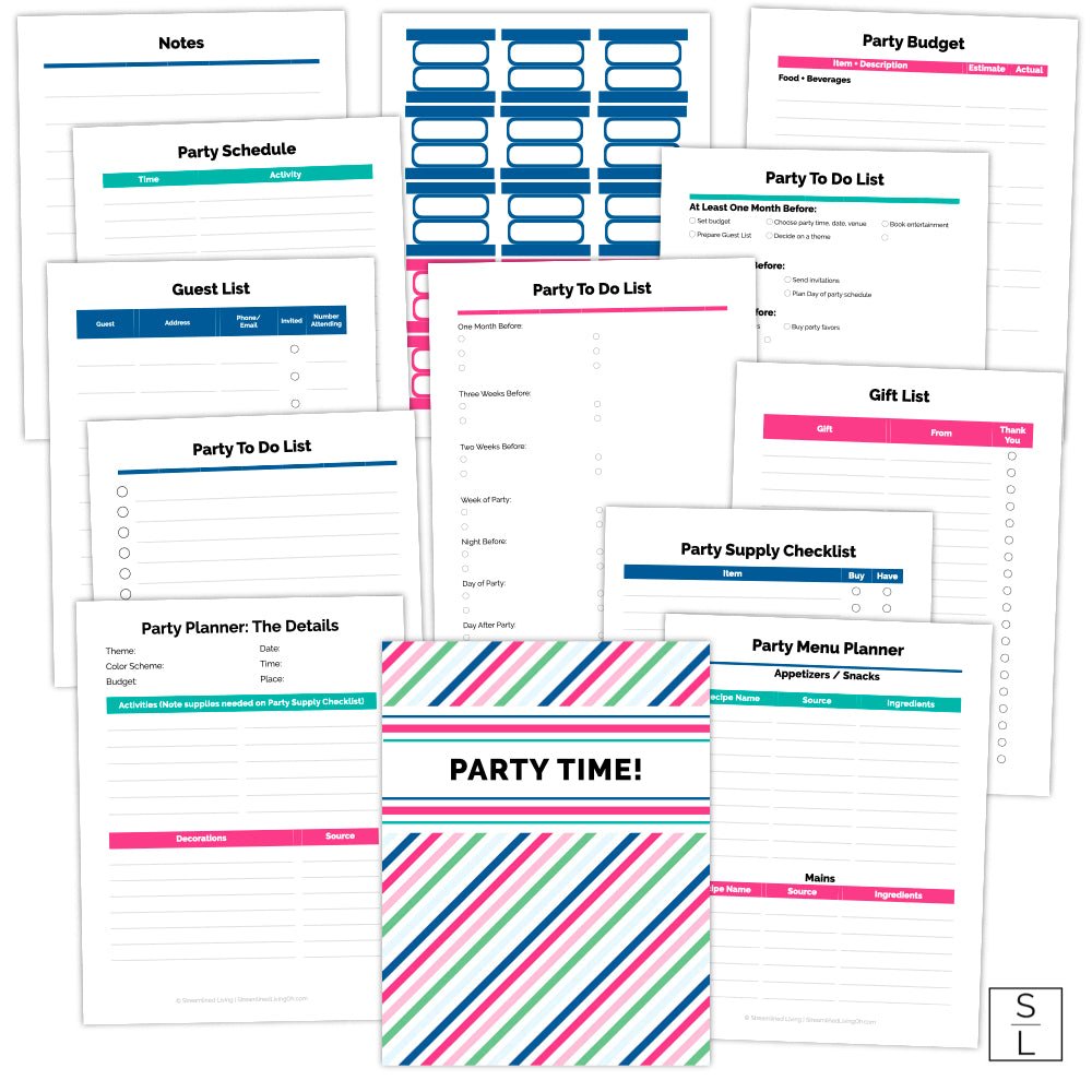 blue, teal and pink printable party planner binder kit