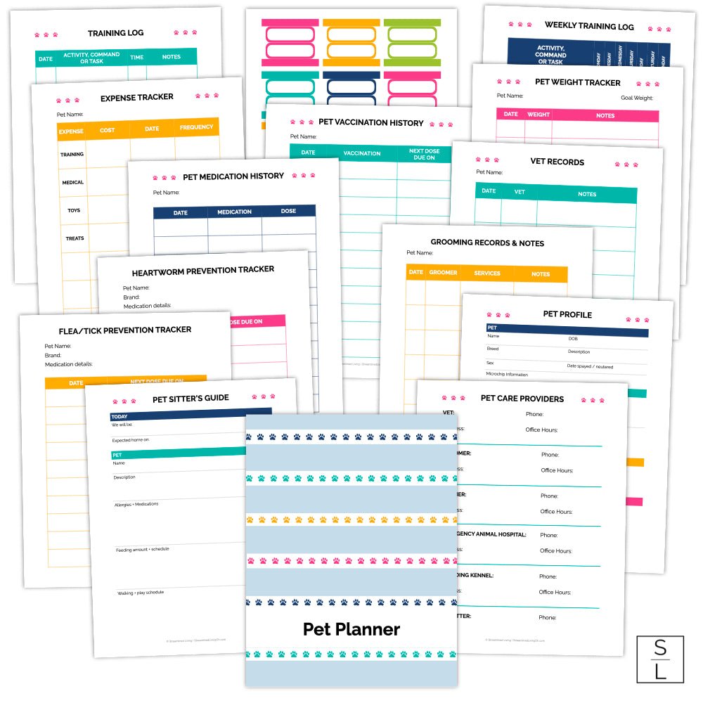 printable pet care planner in a bright rainbow theme