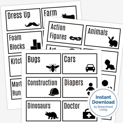printable toy playroom organizing labels with pictures for non-readers for an organized home