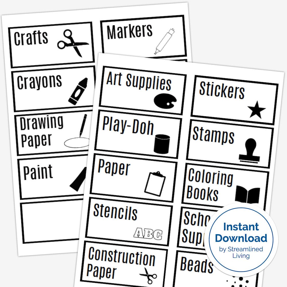 printable school supply and arts and crafts labels with pictures for non-readers