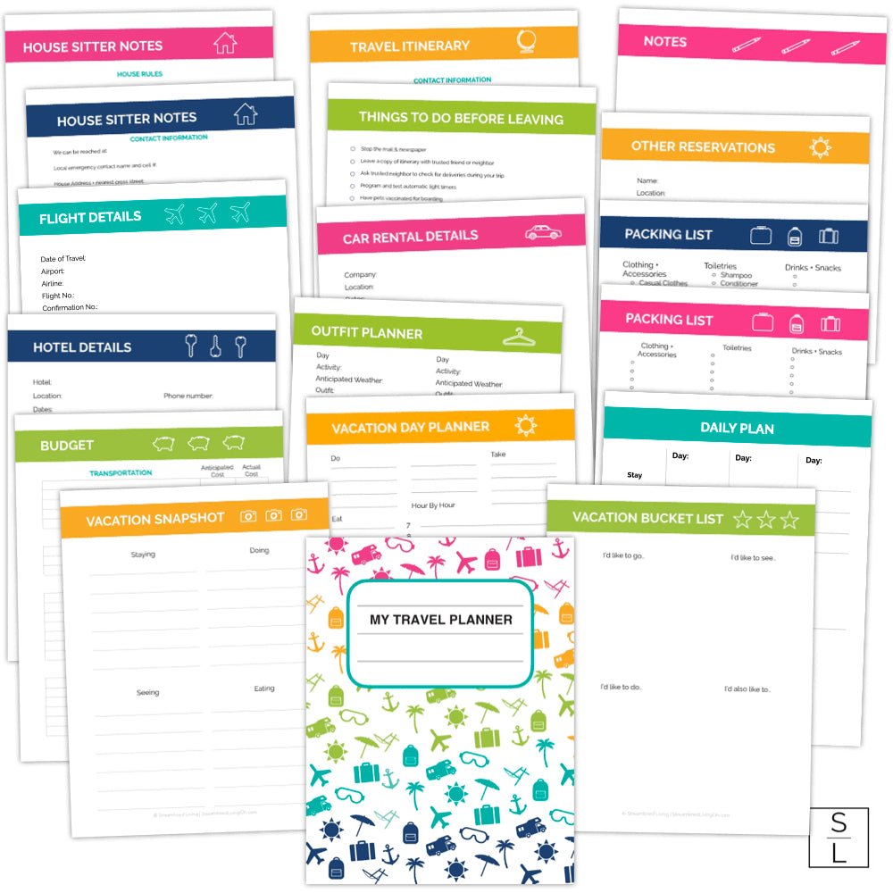 printable travel and vacation planner in a bright rainbow color scheme